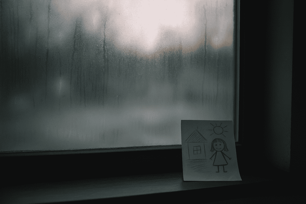 Rajzolt gyermekrajz az ablaknál, esős időjárásban.