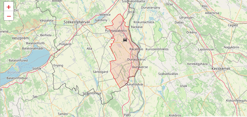 Budapesti agglomeráció térképe, kiemelve Dunaújváros és környéke. Részletes térkép, útvonalak és települések.