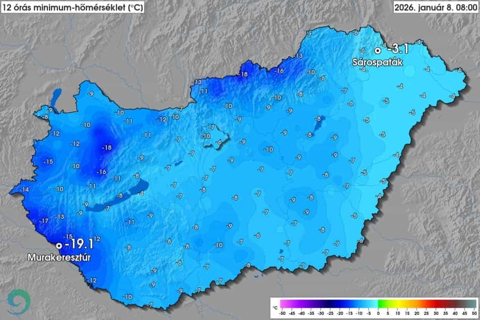 Hűvös időjárás Magyarországon január 8-án, -19,1°C minimum hőmérséklet Murakeresztúron.