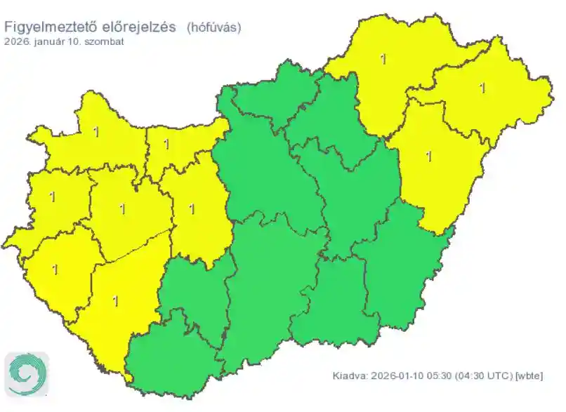 Figyelmeztető előrejelzés térképe Magyarországon, havas időjárással.