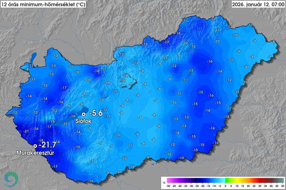 Légsúlyos minimumhőmérsékletek Magyarországon 2026. január 12-én.
